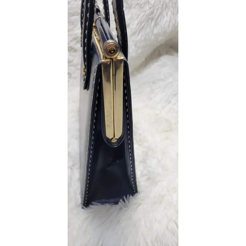 Vintage 1960's Dark Navy Gold Accent Leather Womens Lined Snap Closure Handbag - Picture 3 of 11